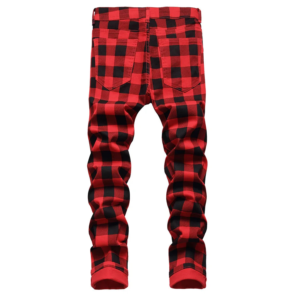 Mens Red Jeans Plaid Pants