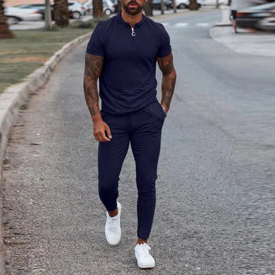 Men Black Short Sleeve Polo-Shirt With Zipper