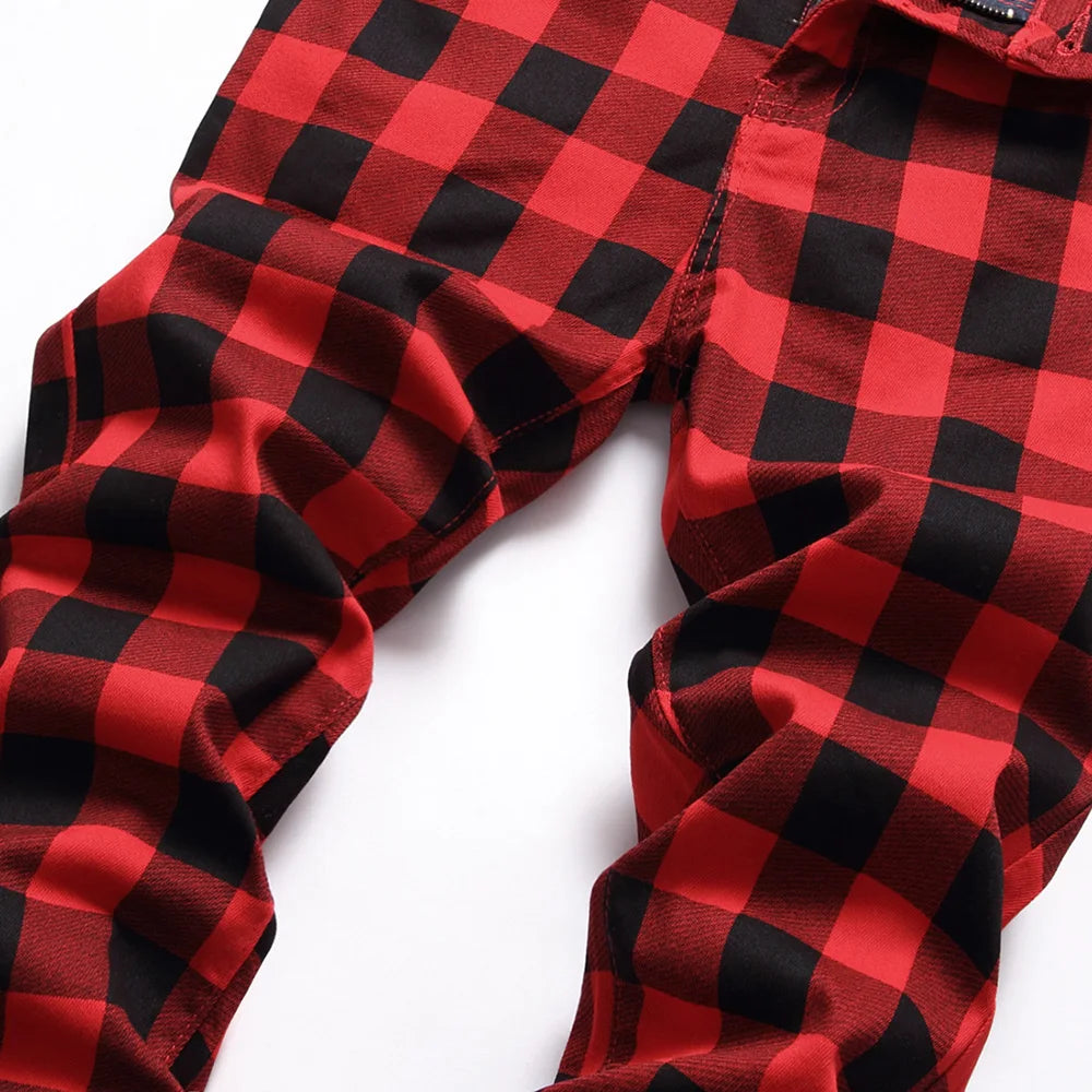 Mens Red Jeans Plaid Pants