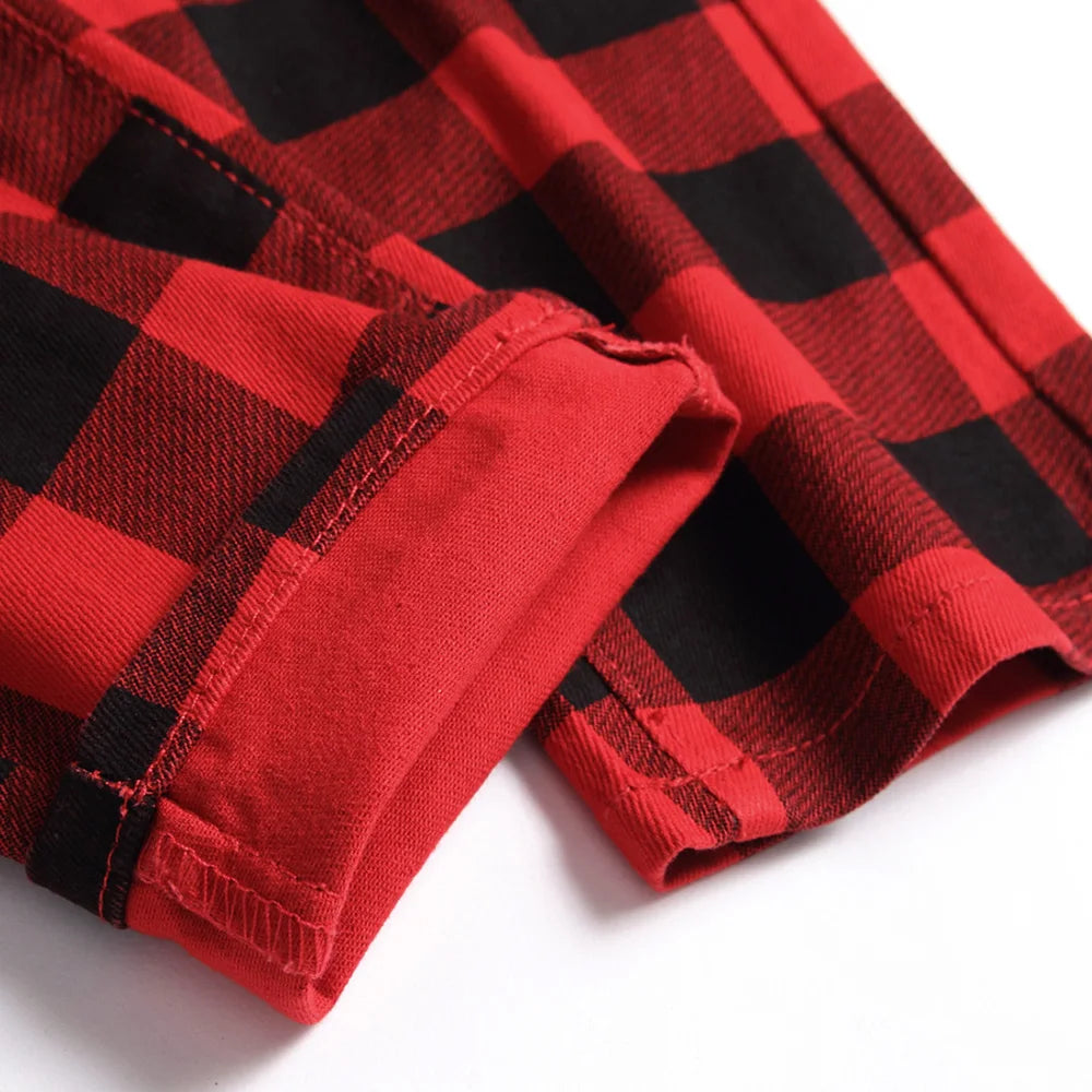 Mens Red Jeans Plaid Pants