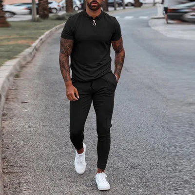 Men Black Short Sleeve Polo-Shirt With Zipper