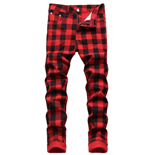 Mens Red Jeans Plaid Pants