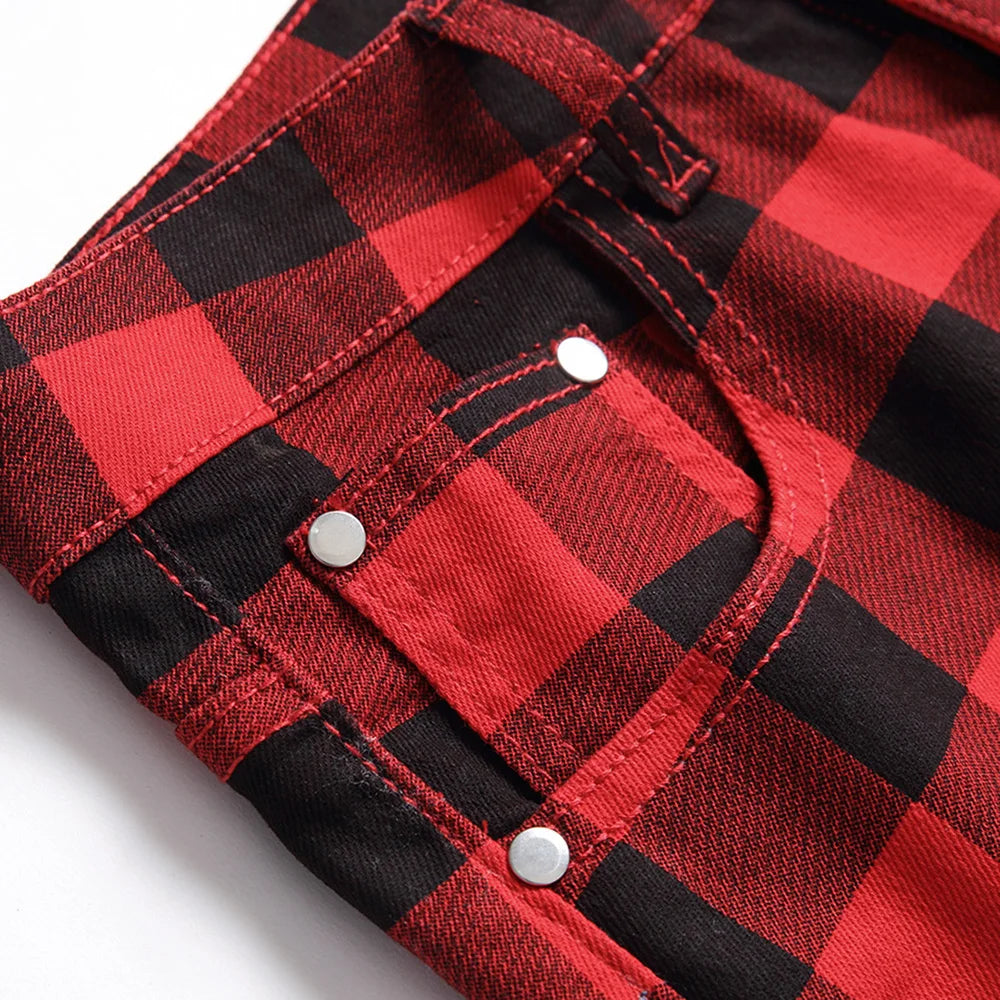 Mens Red Jeans Plaid Pants