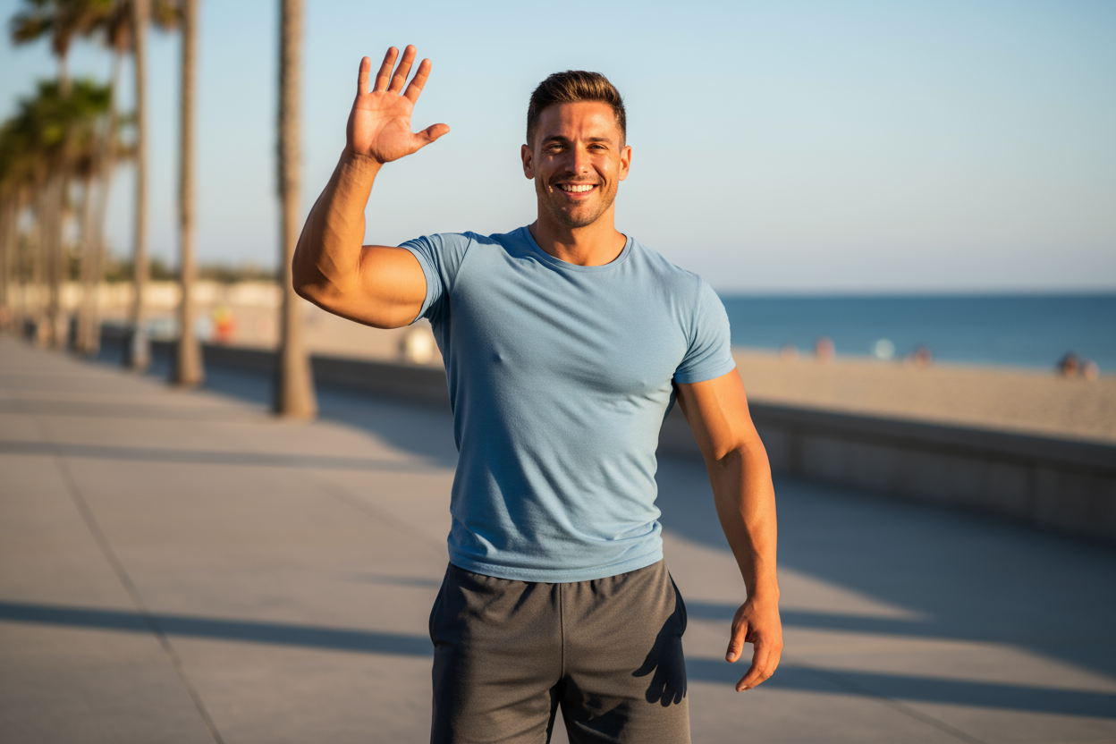 Muscle man smiling waving goodbye 